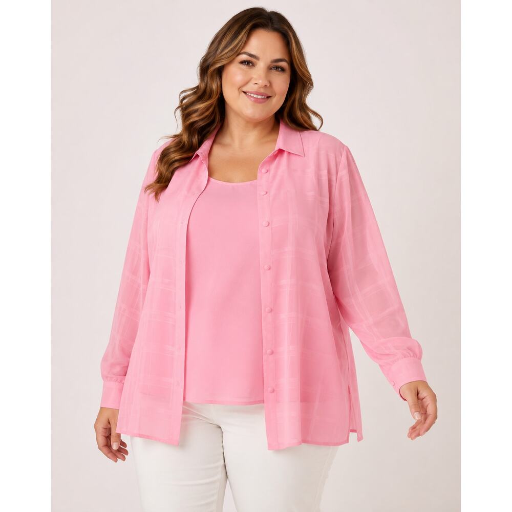 Liz Baker 2 Piece Blouse Tank Twin Set 24W Plus Pink Chiffon Button Up